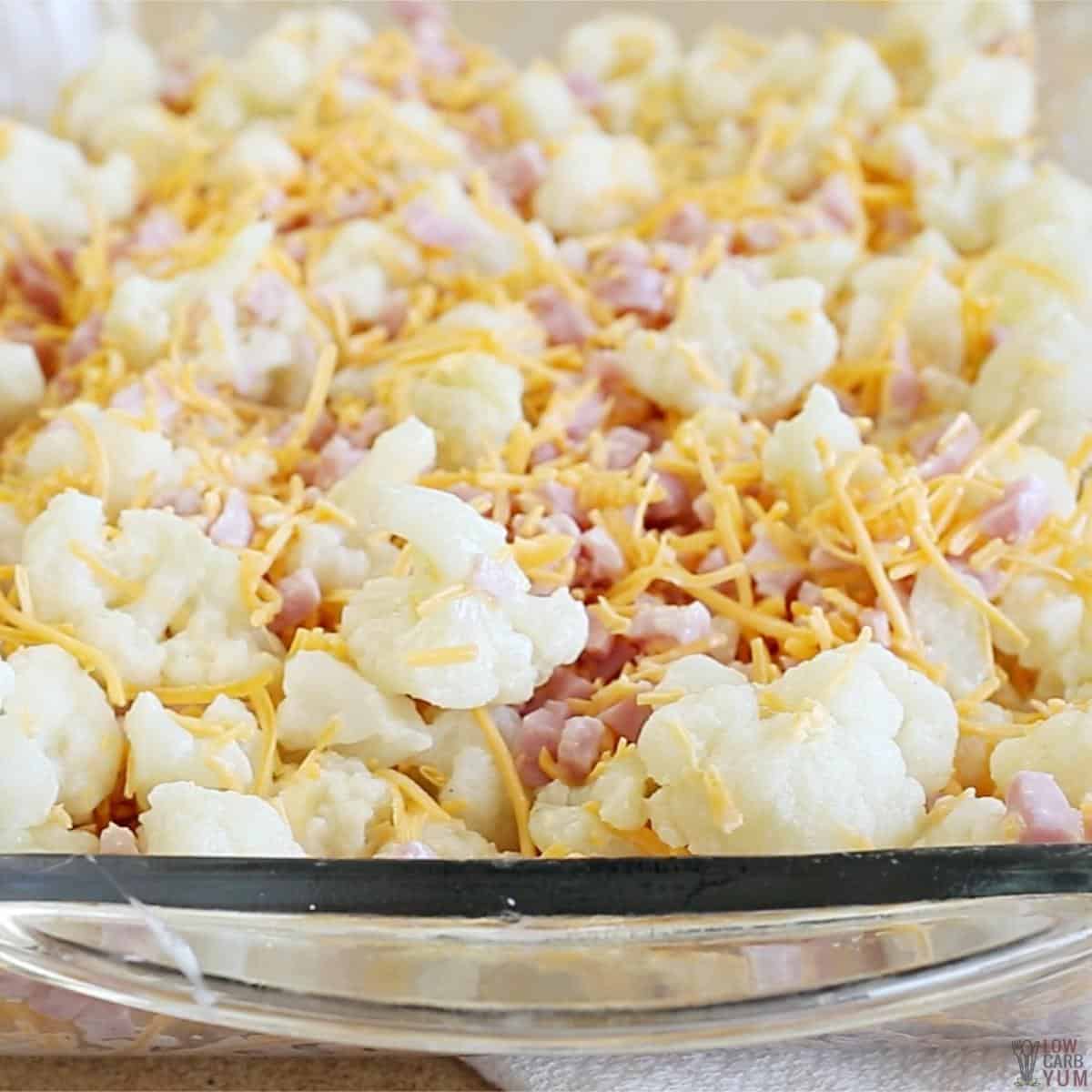 ham cauliflower and cheese in casserole pan.