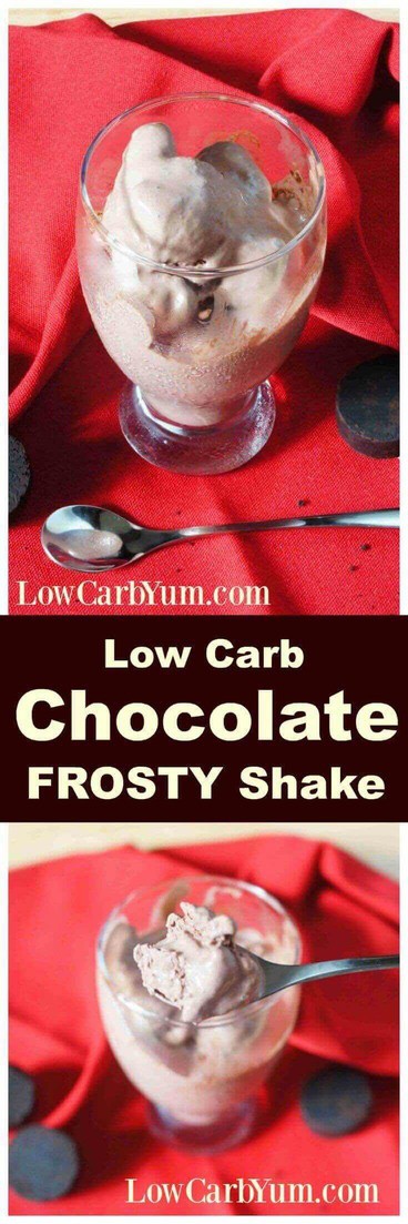 It's really quick and easy to make thick frozen low carb shakes at home. This chocolate milkshake is a copycat of the famous fast food Frosty. | LowCarbYum.com