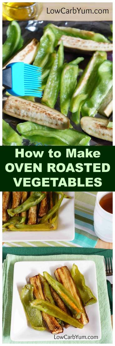 Baking is a fast way to cook up tasty low carb roasted vegetables like eggplant and green peppers. This easy oven roasted vegetables recipe is very quick to prepare. | lowcarbyum.com