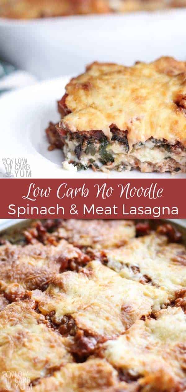 A delicious no noodle spinach and meat lasagna to make for a simple dinner. Eggplant is used instead of the noodles and healthy spinach is added. #lasagna #lowcarb #keto #lowcarbmeal #ketomeal #lowcarbdinner #ketodinner #lowcarbrecipes #ketorecipes #weightwatchers #Atkins | LowCarbYum.com