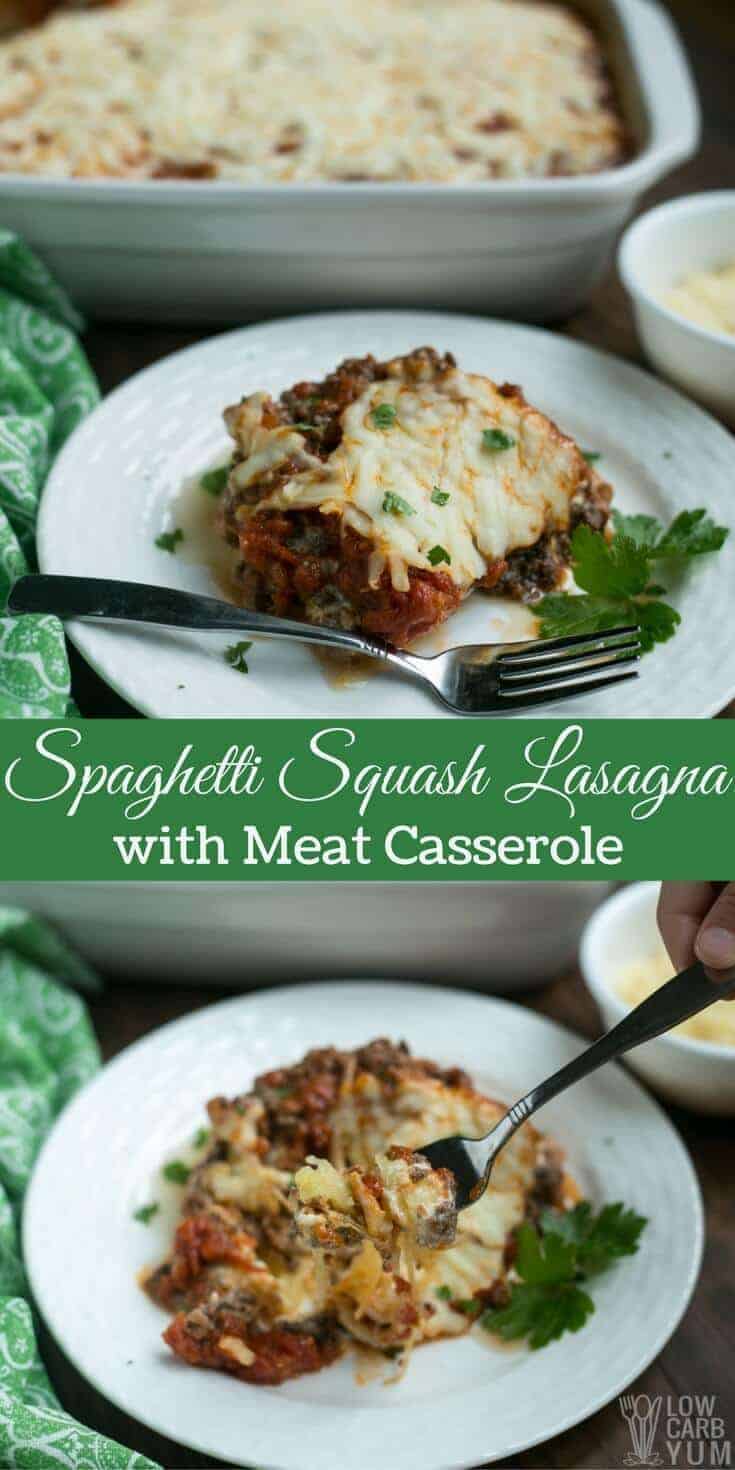 It's a little more work to make a spaghetti squash lasagna with meat casserole. But, this version of the classic dish is low carb and gluten free. #lowcarb #glutenfree #casserole #lowcarbcasserole | LowCarbYum.com