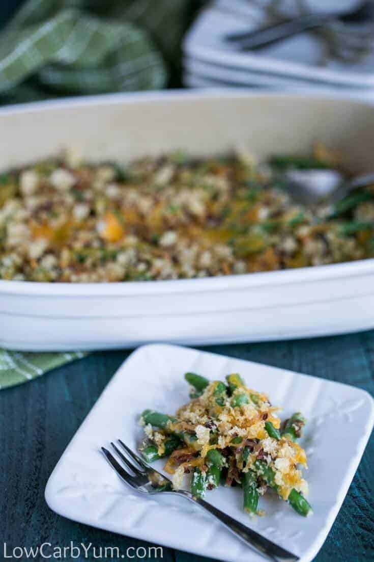 gluten-free green bean casserole on plate and baking dish