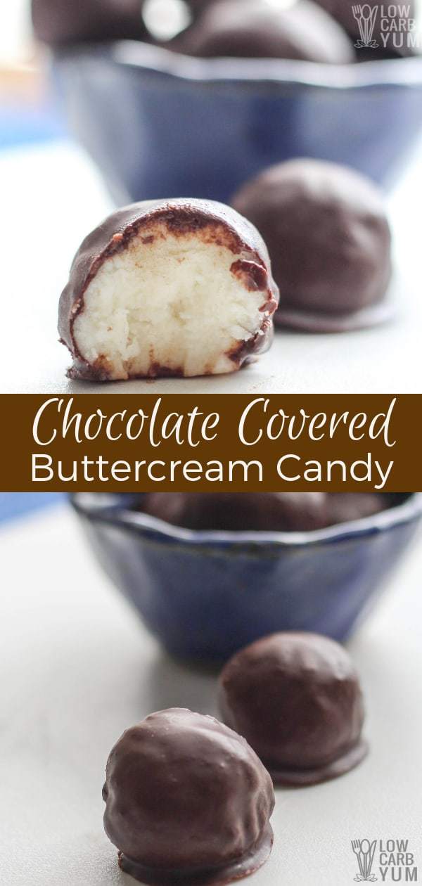 A low carb and sugar free chocolate covered buttercream candy recipe that's easy to make. Simply make the buttercream filling, chill, then dip into chocolate. #lowcarb #keto #ketorecipes #lowcarbrecipes #ketocandy #lowcarbcandy #ketodesserts #lowcarbdesserts #weightwatchers #Atkins #sugarfree | LowCarbYum.com