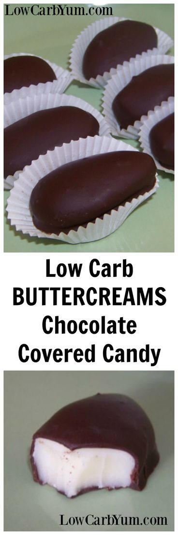 This low carb and sugar free chocolate covered candy recipe is simple to make. Simply make the buttercream filling, chill, then dip into chocolate. #lowcarb #keto #ketorecipe #sugarfree | LowCarbYum.com