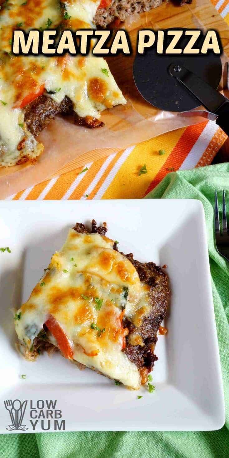 A paleo friendly low carb meatza pizza is basically just a seasoned ground beef mix cooked flat to make a crust. Then, it's topped off with veggies. | LowCarbYum.com