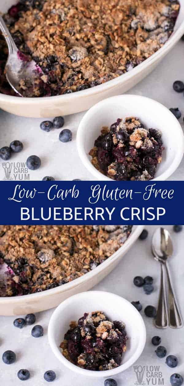 A healthy gluten free blueberry crisp that's low carb and keto friendly. It's topped with a mix of chopped pecans. Serve it warm for a delicious dessert. #glutenfree #healthy #blueberries #blueberrycrisp #lowcarb | LowCarbYum.com