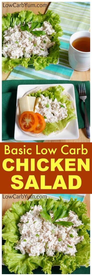 A basic low carb chicken salad recipe that's quick to make. You can add other things like onion, peppers, and pickles when you're looking for extra crunch.
