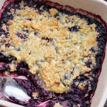 keto blueberry cobbler in a baking dish