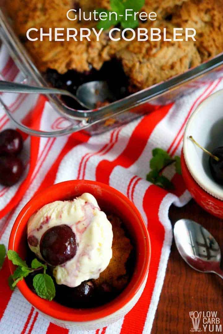 Gluten free cherry cobbler recipe topped with ice cream