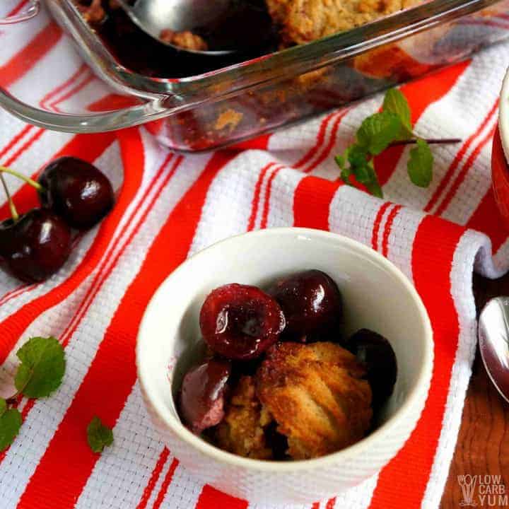 Serving bowl with gluten free cherry cobbler 