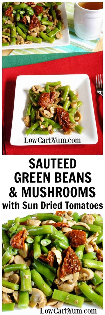 The white wine gives a nice flavor to these sauteed green beans and mushrooms. Sun-dried tomatoes are optional, but provide a nice contrasting color