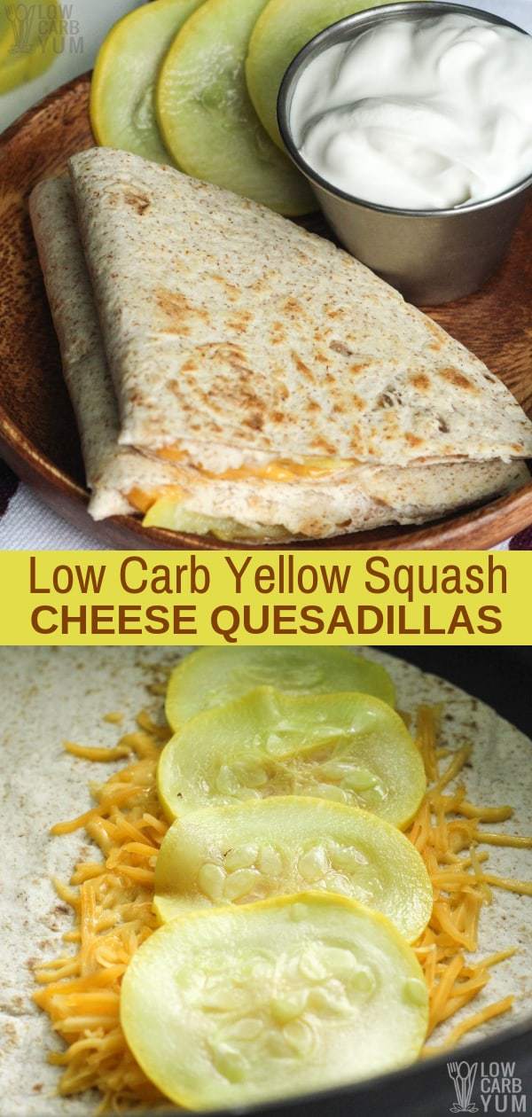 This yellow squash low carb quesadilla makes an easy lunch or appetizer for dinner. It can be served with sour cream, salsa, or enjoyed plain. #lowcarb #yellowsquash #summersquash #weightwatchers #atkins #southbeach #cheese | LowCarbYum.com