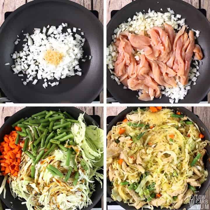preparing Filipino low carb lo mein in pan