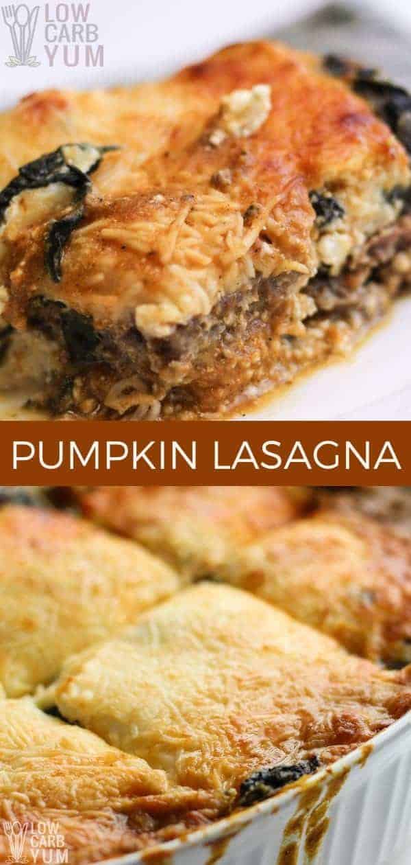 A low carb pumpkin lasagna with spinach and meatza noodles. The pasta noodles in this dish have been replaced with pre-baked seasoned ground beef.