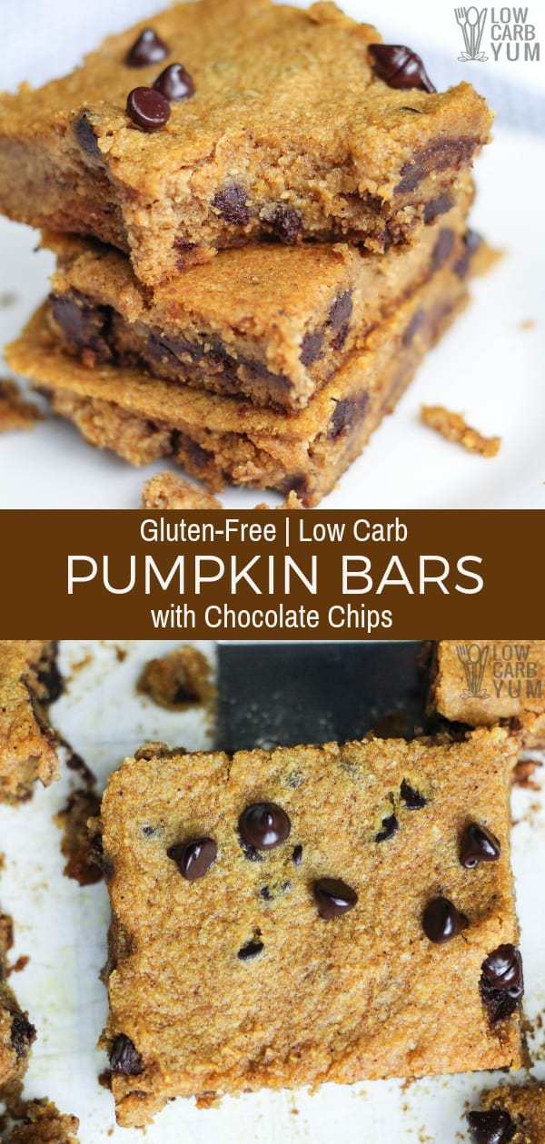 Easy to make low carb gluten free pumpkin bars with chocolate chips that have no sugar added. They're so good even the kids love them. #glutenfree #lowcarb #keto #lowcarbdesserts #ketodesserts #lowcarbrecipes #ketorecipes #weightwatchers #Atkins #pumpkin #pumpkinbars | LowCarbYum.com