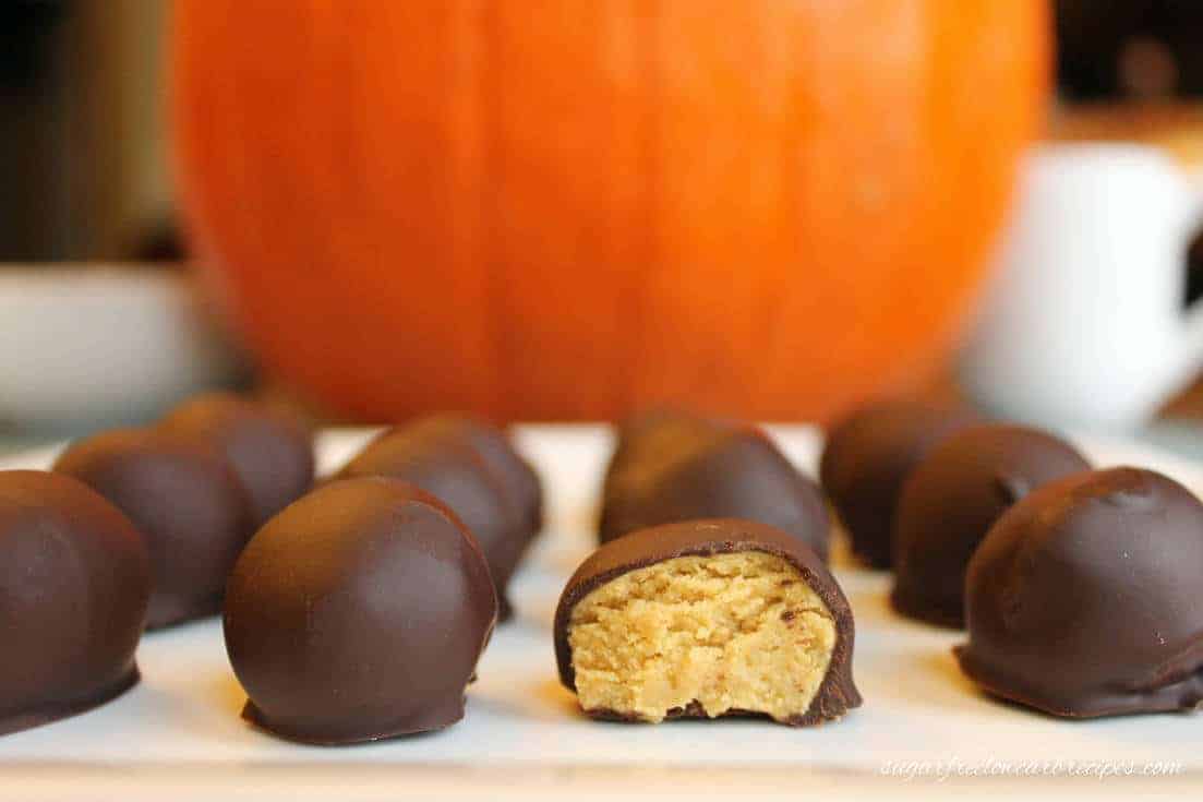 dark chocolate pumpkin truffle cut in half