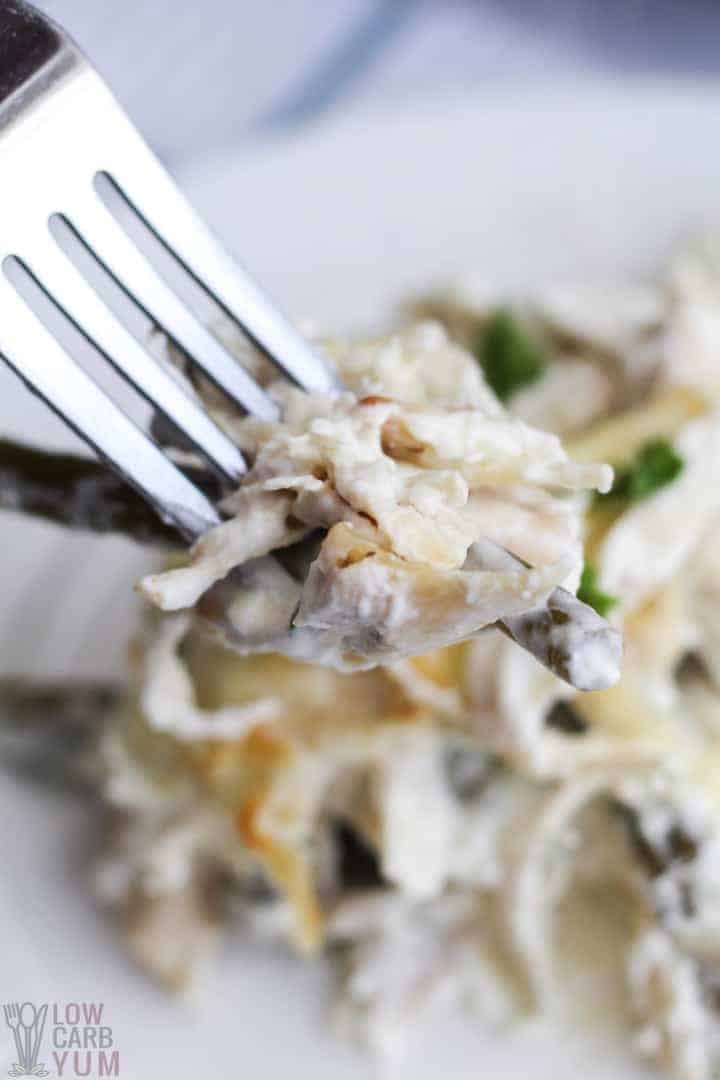 Closeup of chicken green bean casserole on fork