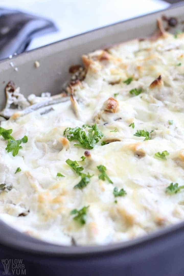 Chicken green bean casserole in pan