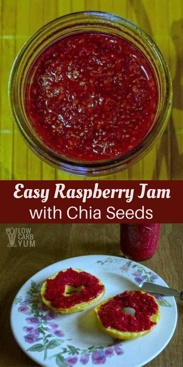 Chia seeds are a healthy addition to any diet. This easy raspberry jam recipe with chia uses the seeds to thicken this fruit spread. | LowCarbYum.com