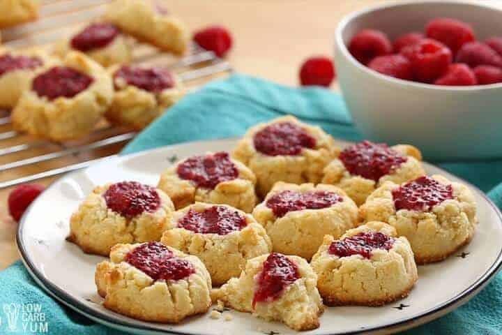 Gluten free thumbprint cookies recipe with low carb raspberry jam