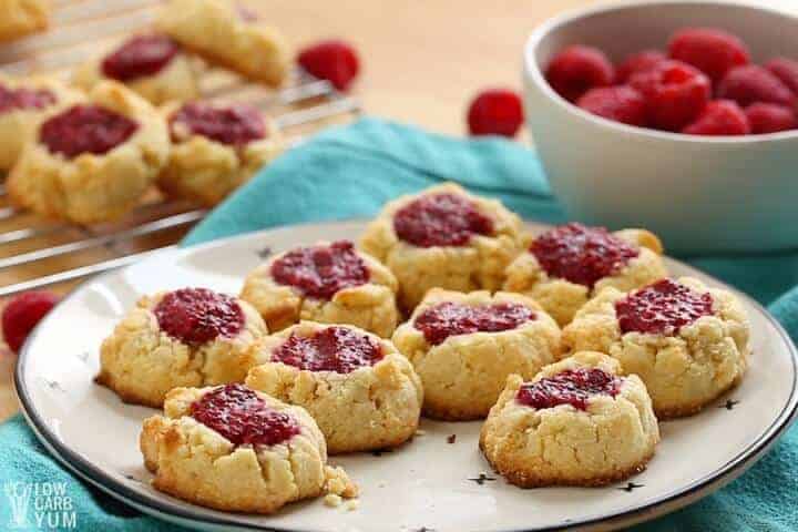 Gluten free thumbprint cookies with low carb raspberry jam