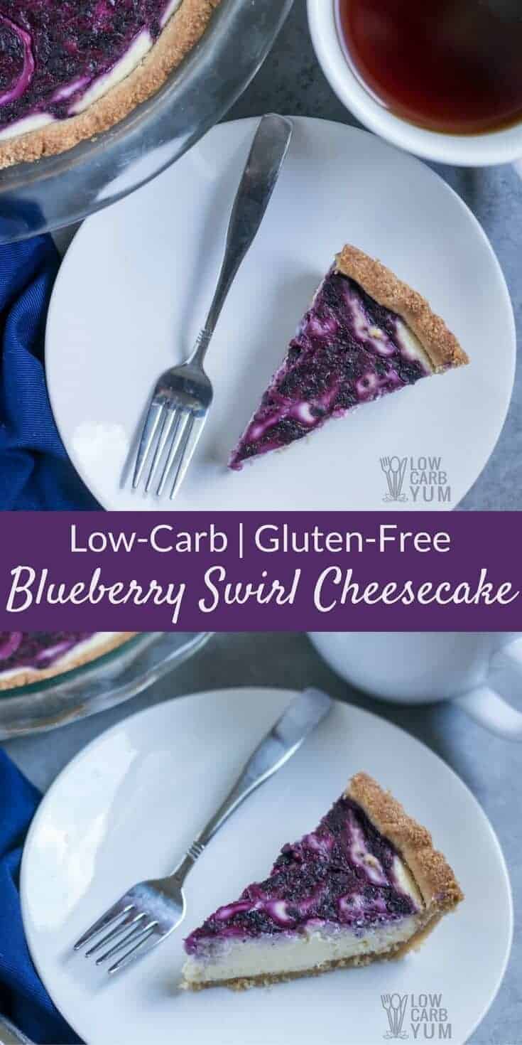 This pretty low carb blueberry swirl cheesecake is quick and easy to prepare. It uses a simple blueberry puree and a gluten free almond flour based crust. | LowCarbYum.com