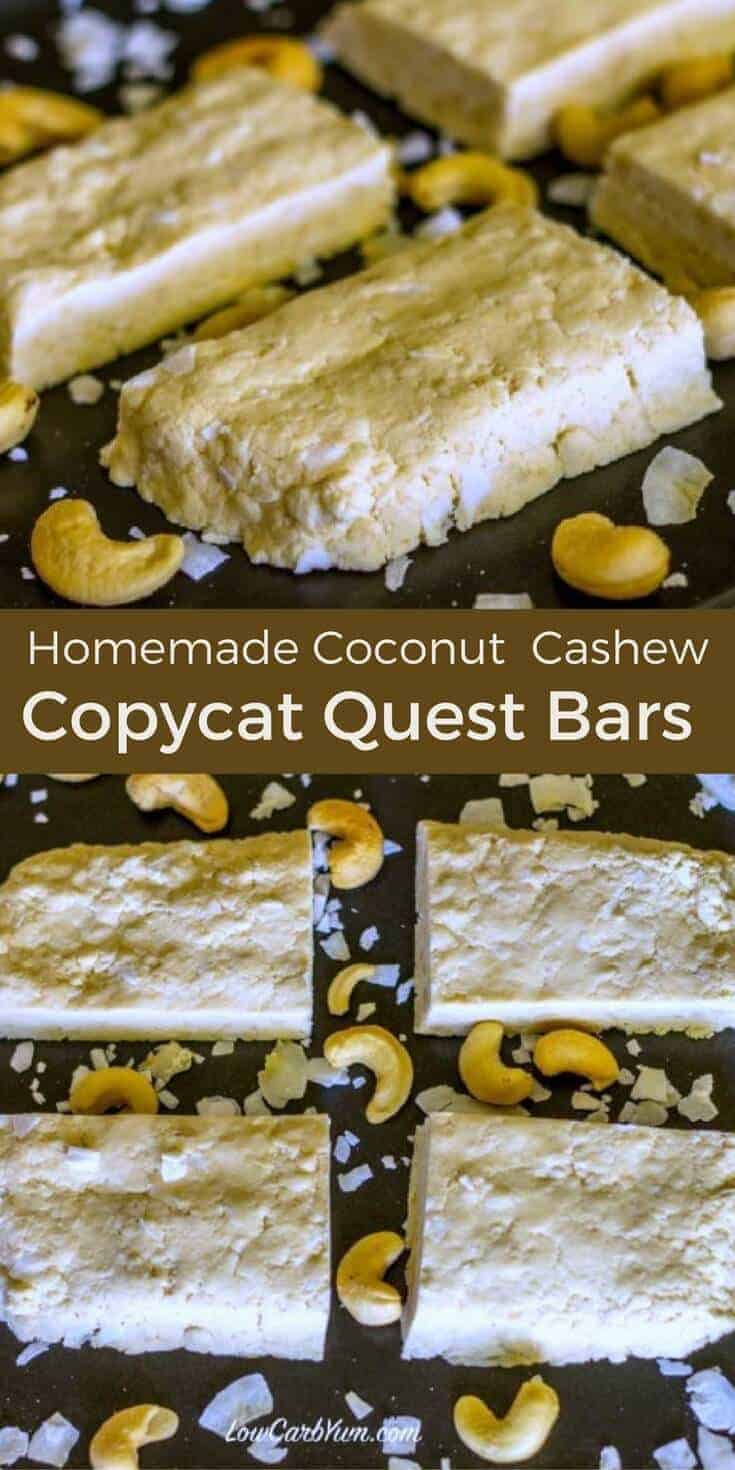 Save money by making this DIY homemade Quest bar recipe. These low carb all natural coconut cashew protein bars are quick and easy to make. | LowCarbYum.com