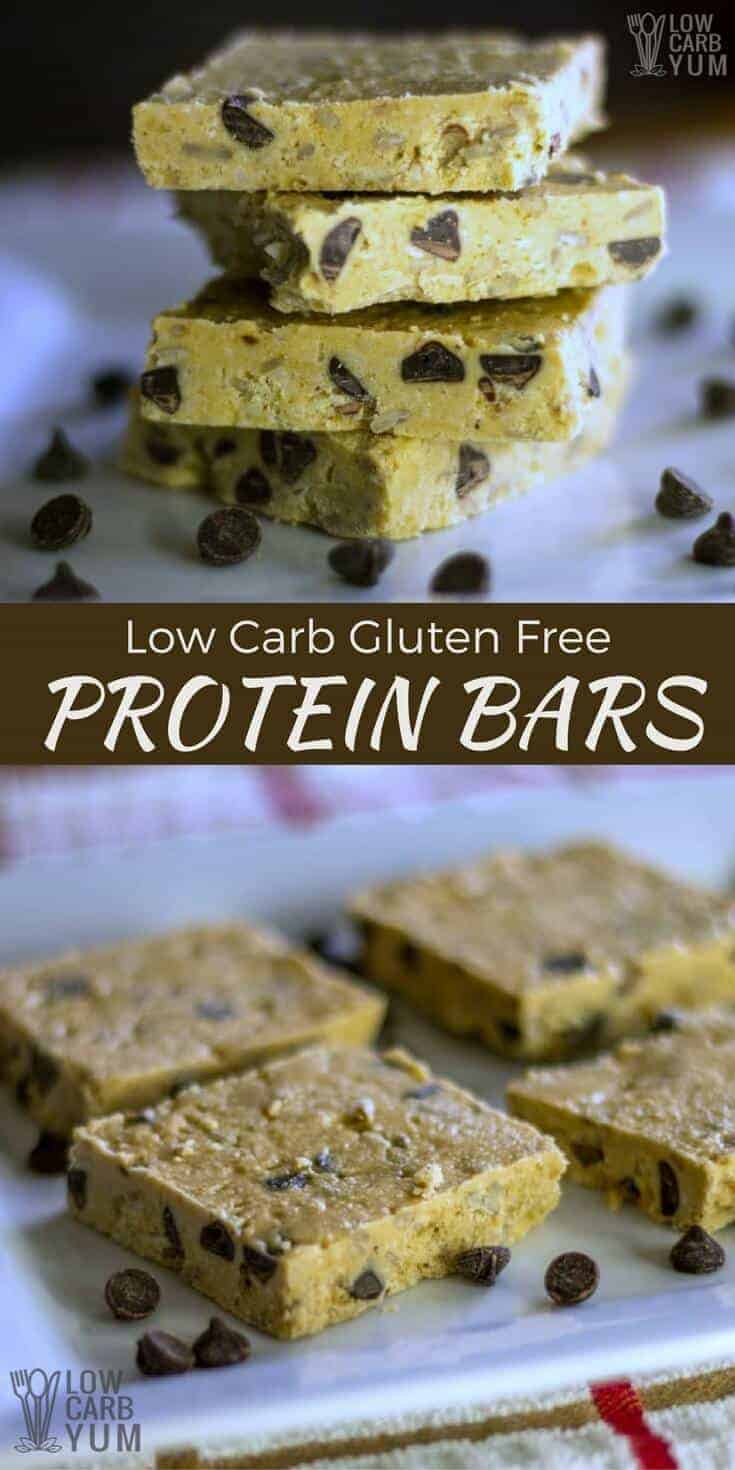 These low carb gluten free protein bars are so easy to make. And, you can customize with your favorite add-ins like chocolate chips. | LowCarbYum.