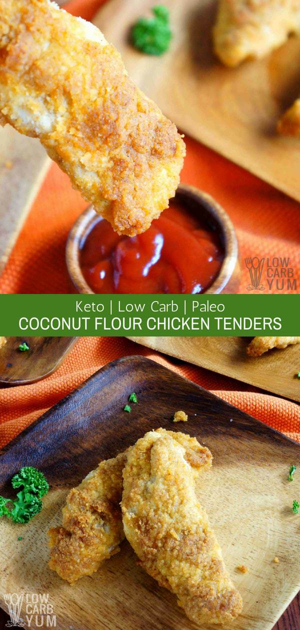These low carb paleo coconut flour chicken tenders are gluten free and keto friendly. Enjoy them plain or dipped in your favorite sauce. Unbelievably good! #lowcarb #paleo #ketorecipes #keto #chickentenders #coconutflour | LowCarbYum.com