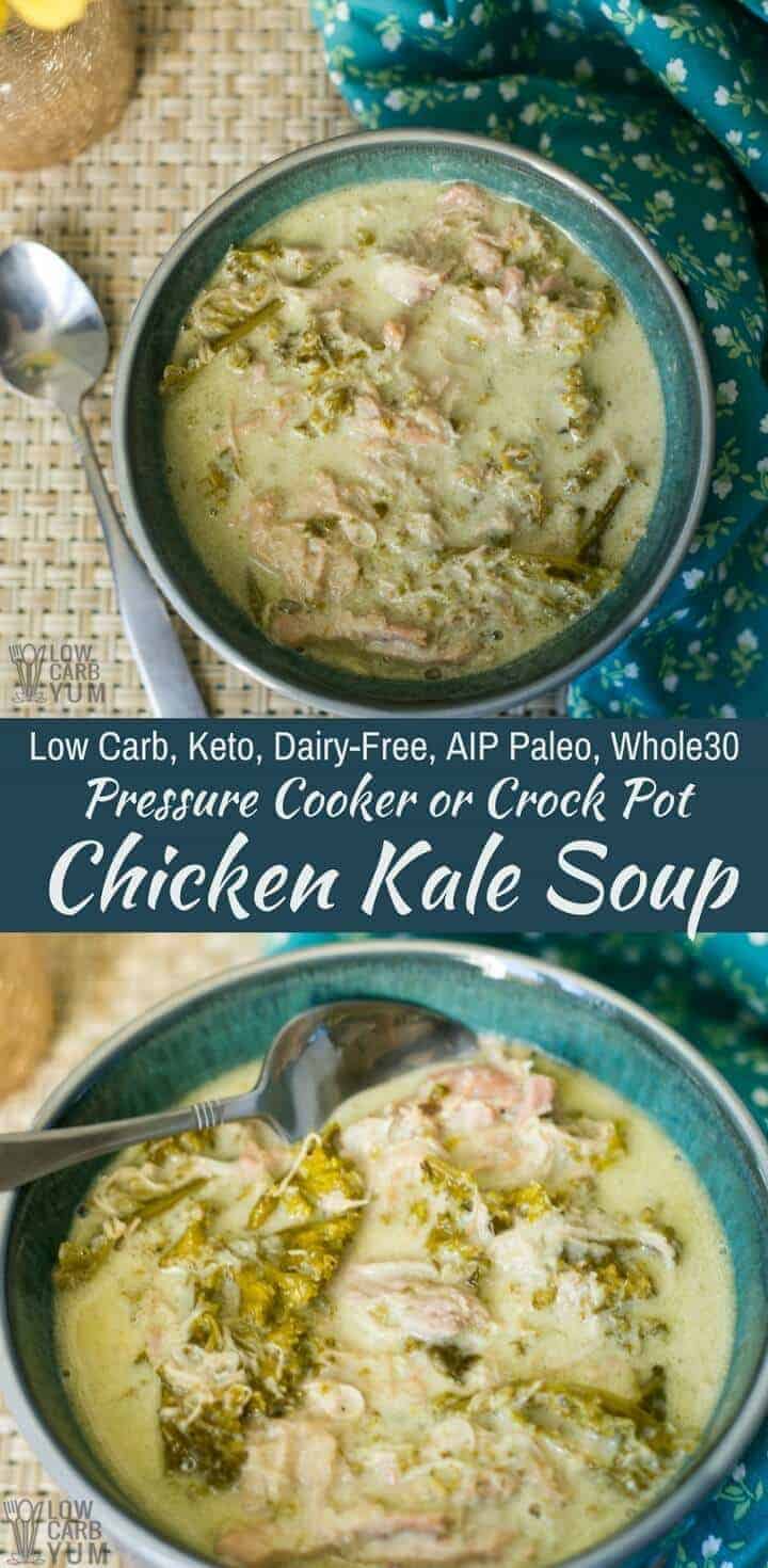 This #CrockPot or pressure cooker chicken kale soup recipe is healthy and hearty. It's #lowcarb, #keto, #dairyfree, #AIPpaleo, and #Whole30 friendly. | LowCarbYum.com