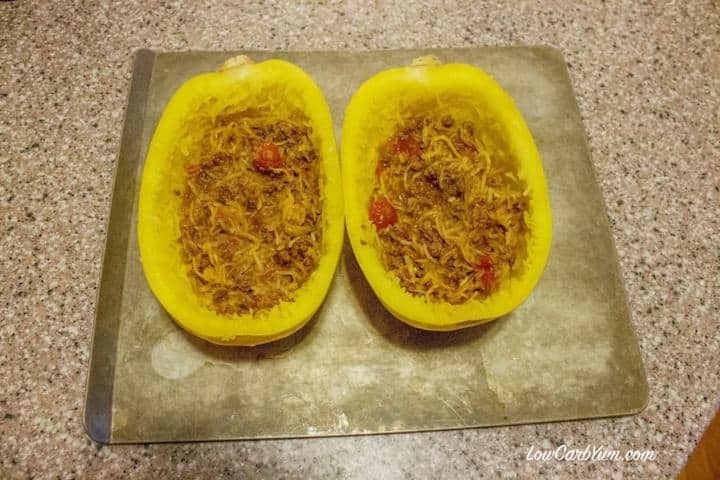 Easy to make chili cheese stuffed spaghetti squash recipe