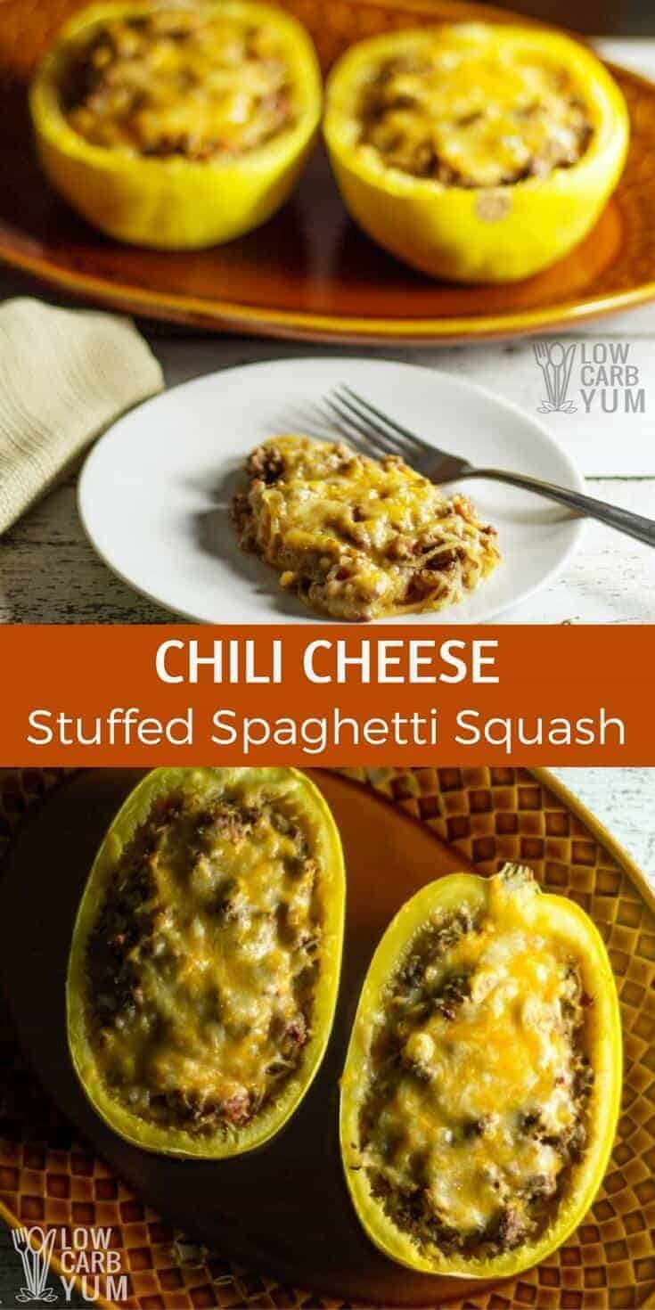 Spaghetti squash is stirred into spicy chili seasoned ground beef mixture and then layered with cheese in this chili cheese stuffed spaghetti squash recipe. #lowcarb #keto | LowCarbYum.com