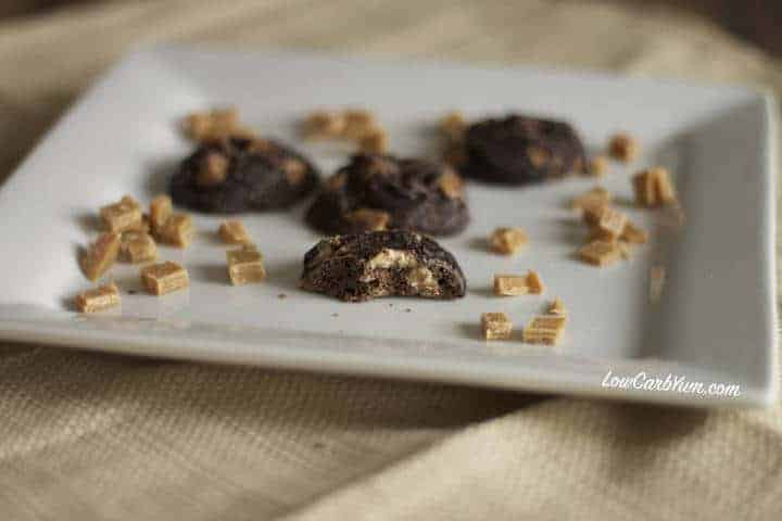 serving sugar-free low-carb chocolate cookies on plate with peanut butter chips