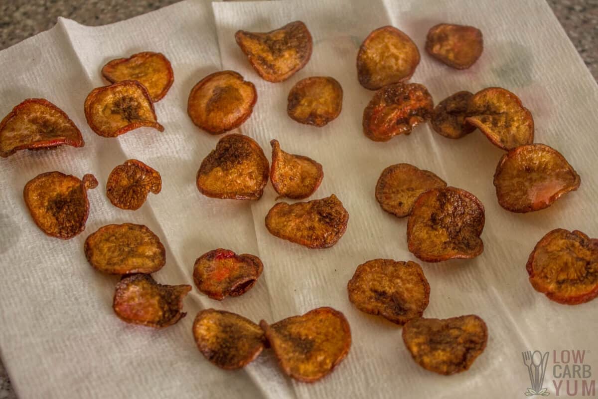 fried radish chips on paper towels