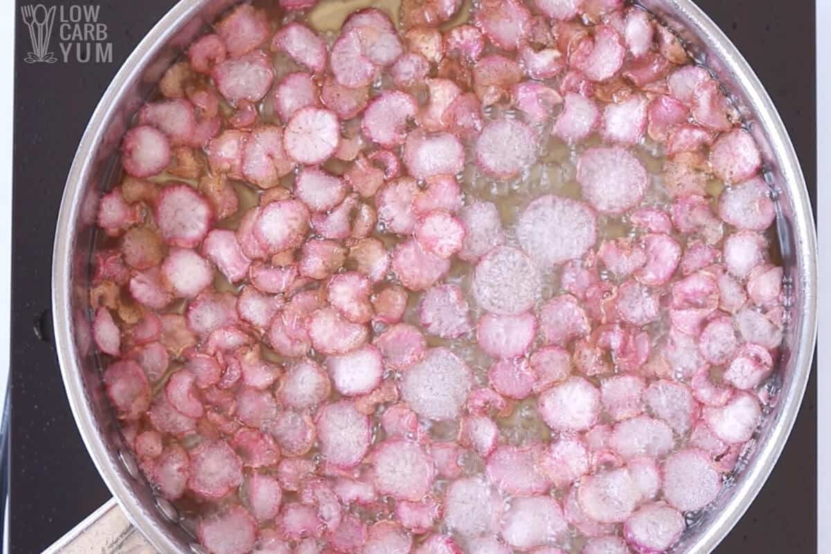 frying sliced radishes