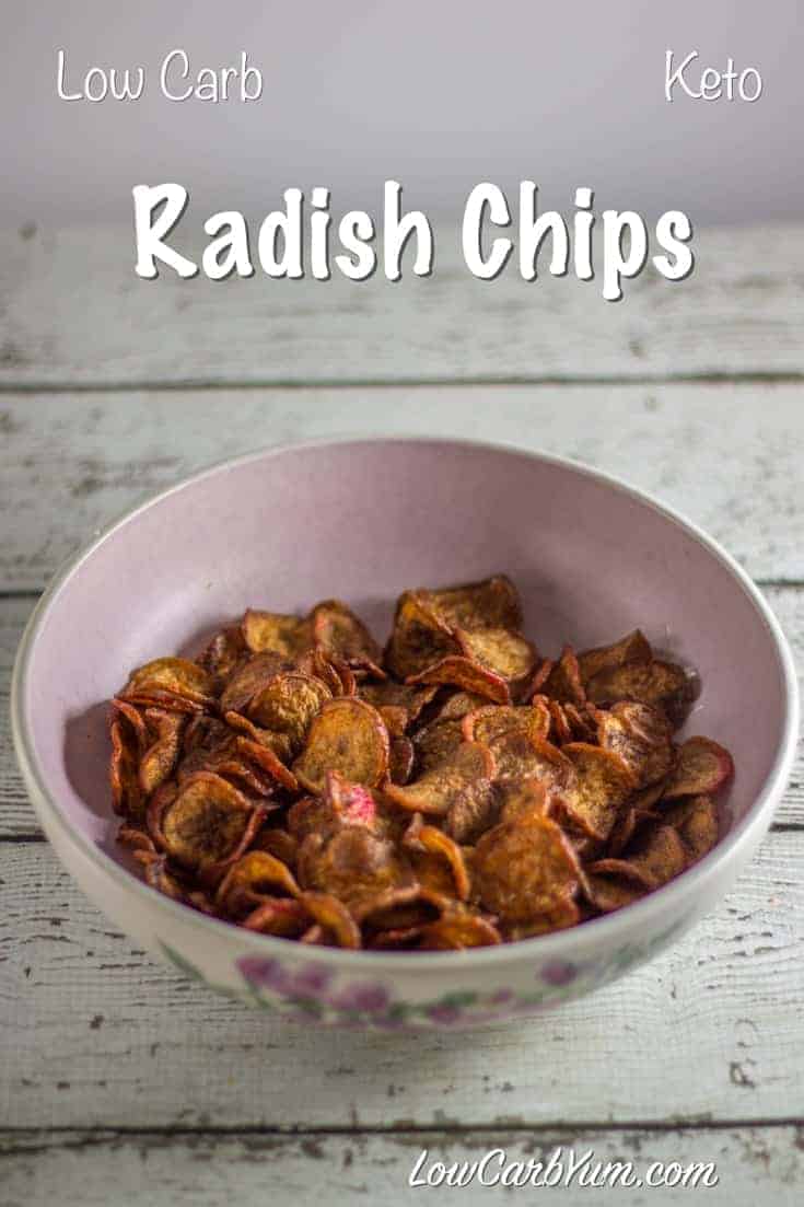 Radish chips are a great low carb alternative to potato chips. This recipe boils thin slices of radishes to soften and then deep fries them until golden. | #recipe #lowcarb #lowcarbsnack #lchf