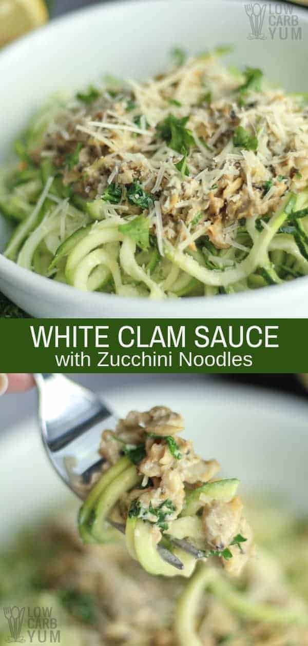 An easy to make creamy white clam sauce recipe. It's the perfect way to top off low carb keto zucchini noodles or any other healthier pasta option. #lowcarb #keto #weightwatchers #clams #clamsauce #seafood #pastasauce #ketorecipes | LowCarbYum.com
