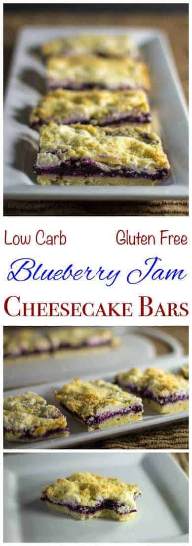 Healthy low carb and gluten free blueberry jam cheesecake bars made with chia jam. These sugar free crumb bars can be made with any fresh or frozen berries. #sugarfree #sugarfreedessert #glutenfree #glutenfreedessert #lowcarb #lowcarbdessert #healthy | LowCarbYum.com