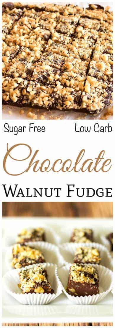 Nut lovers will enjoy this delicious sugar free low carb chocolate walnut fudge. It has the consistency of real fudge and is loaded with chopped nuts.