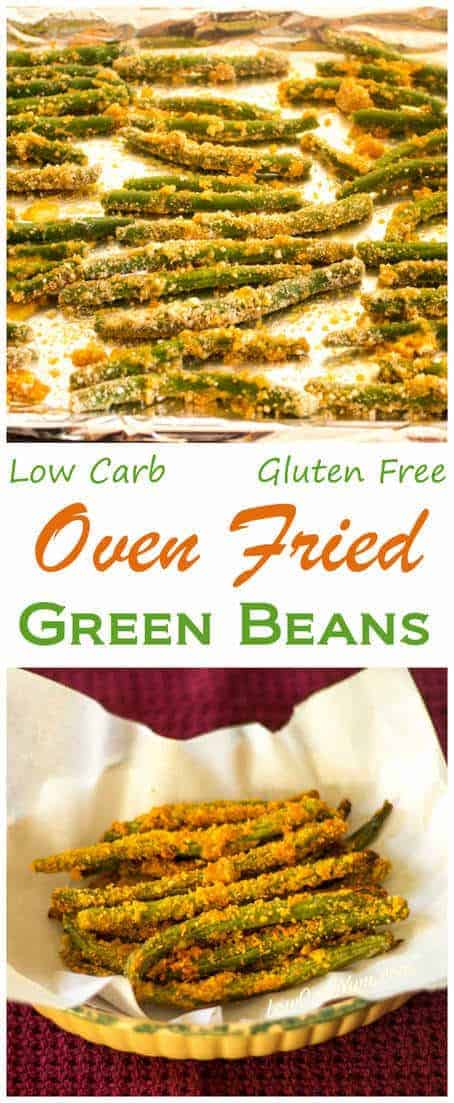 Enjoy these tasty low carb gluten free oven fried green beans alone or paired with your favorite grilled meat. Baked with Parmesan cheese and almond flour. | LowCarbYum.com