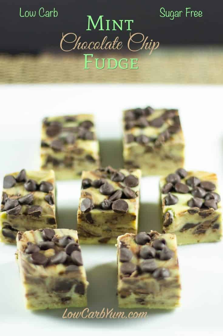 A delicious sugar free low carb mint chocolate chip fudge recipe that can be enjoyed on a LCHF Ketogenic Keto diet!