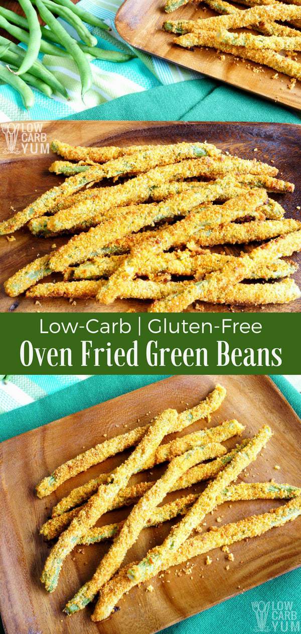 Enjoy these tasty low carb gluten free oven fried green beans alone or paired with your favorite grilled meat. Baked with Parmesan cheese and almond flour. | LowCarbYum.com