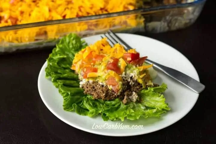 Taco dip with meat is perfect served as a salad topping or for dipping keto tortilla chips. #keto #lowcarbrecipes #lowcarbrecipesketo #tacos #partyappetizers #lowcarbsnacks