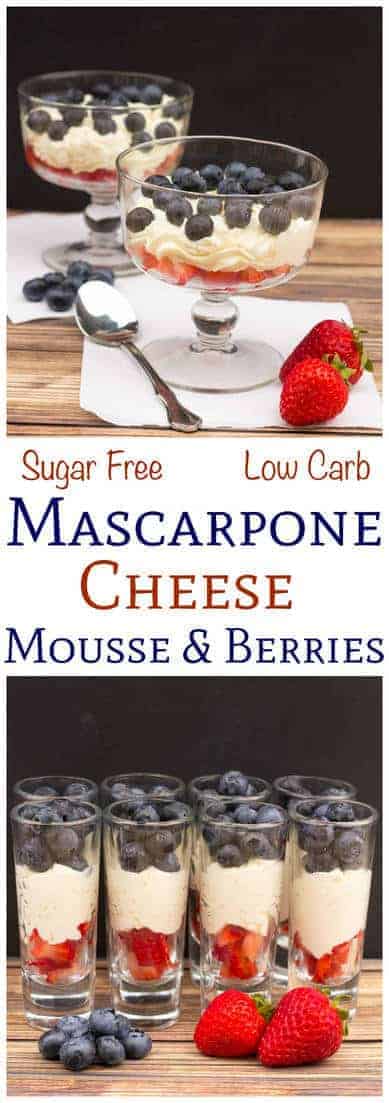 Need a quick red white and blue dessert? This sugar free mascarpone mousse is made in under a minute using only three ingredients! Perfect served with berries! #mascarpone #easydessert #keto #sugarfree #mousse | LowCarbYum.com