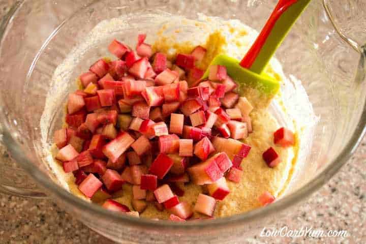 Stirring rhubarb into muffin batter