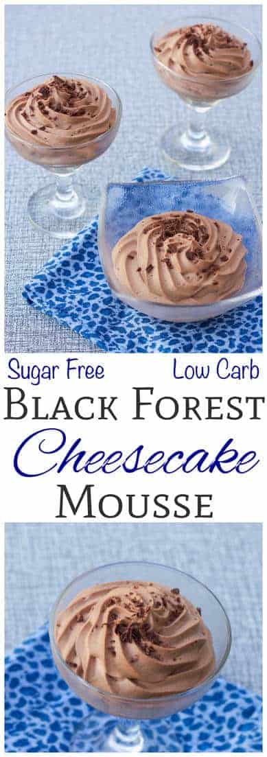 This low carb no bake black forest cheesecake mousse is perfect for summer. Top with shaved chocolate or a fresh cherry. Can be made into a sugar free pie.