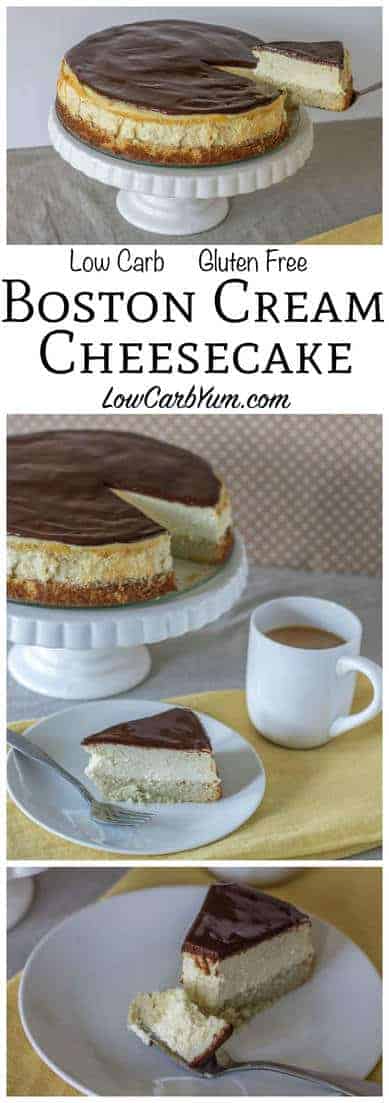 A fabulous low carb Boston cream cheesecake that bakes up in no time. It's got a layer of gluten free cake topped with cheesecake then a layer of chocolate! #keto #ketorecipe #lowcarb #atkins | LowCarbYum.com