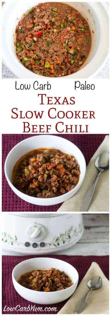 A simple paleo slow cooker beef chili that is quick and easy to prepare. Prep time is about ten minutes then the beef chili slowly cooks in the crock pot