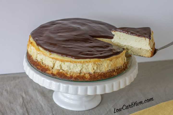 Gluten free low carb Boston cream cheesecake sliced