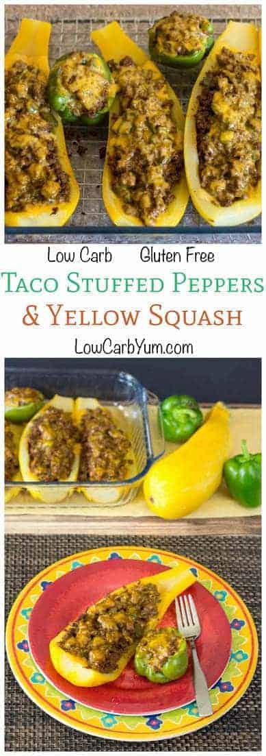 No need to bother with taco shells or tortillas with these delicious low carb taco stuffed yellow squash and peppers. Just stuff and bake. Use zucchini too! #lowcarb #keto #ketorecipes | LowCarbYum.com